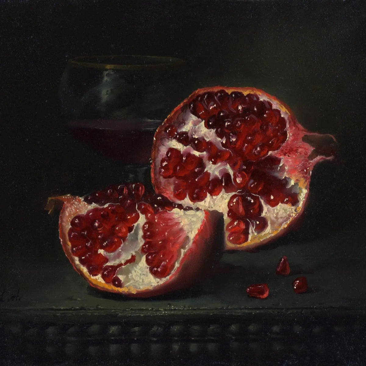 Still Life Oil Painting - Pomegranate and Wine Glass - Oil Painting Haven