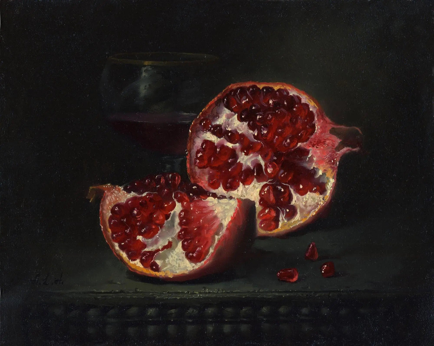 Still Life Oil Painting - Pomegranate and Wine Glass - Oil Painting Haven