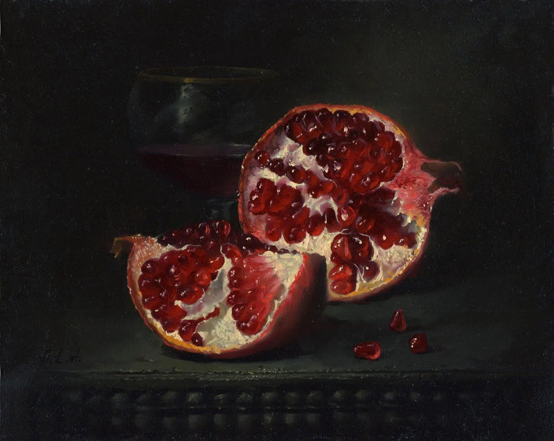 Still Life Oil Painting - Pomegranate and Wine Glass - Oil Painting Haven