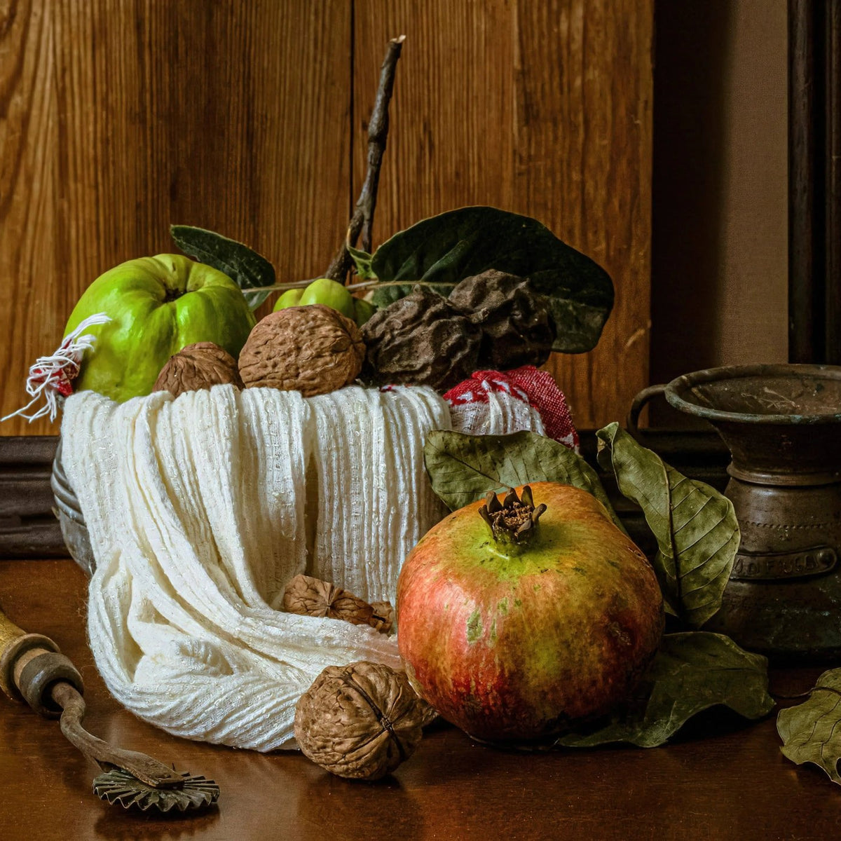 Still Life Oil Painting - Pomegranate, Nuts and Vintage Tools - Oil Painting Haven