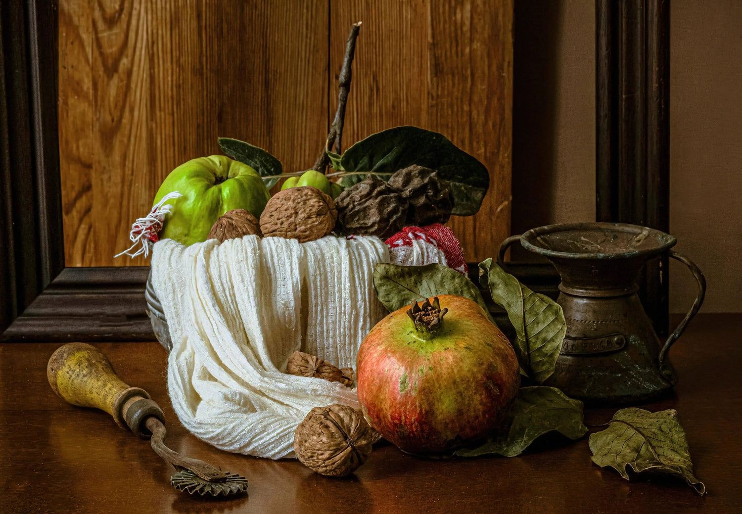 Still Life Oil Painting - Pomegranate, Nuts and Vintage Tools - Oil Painting Haven