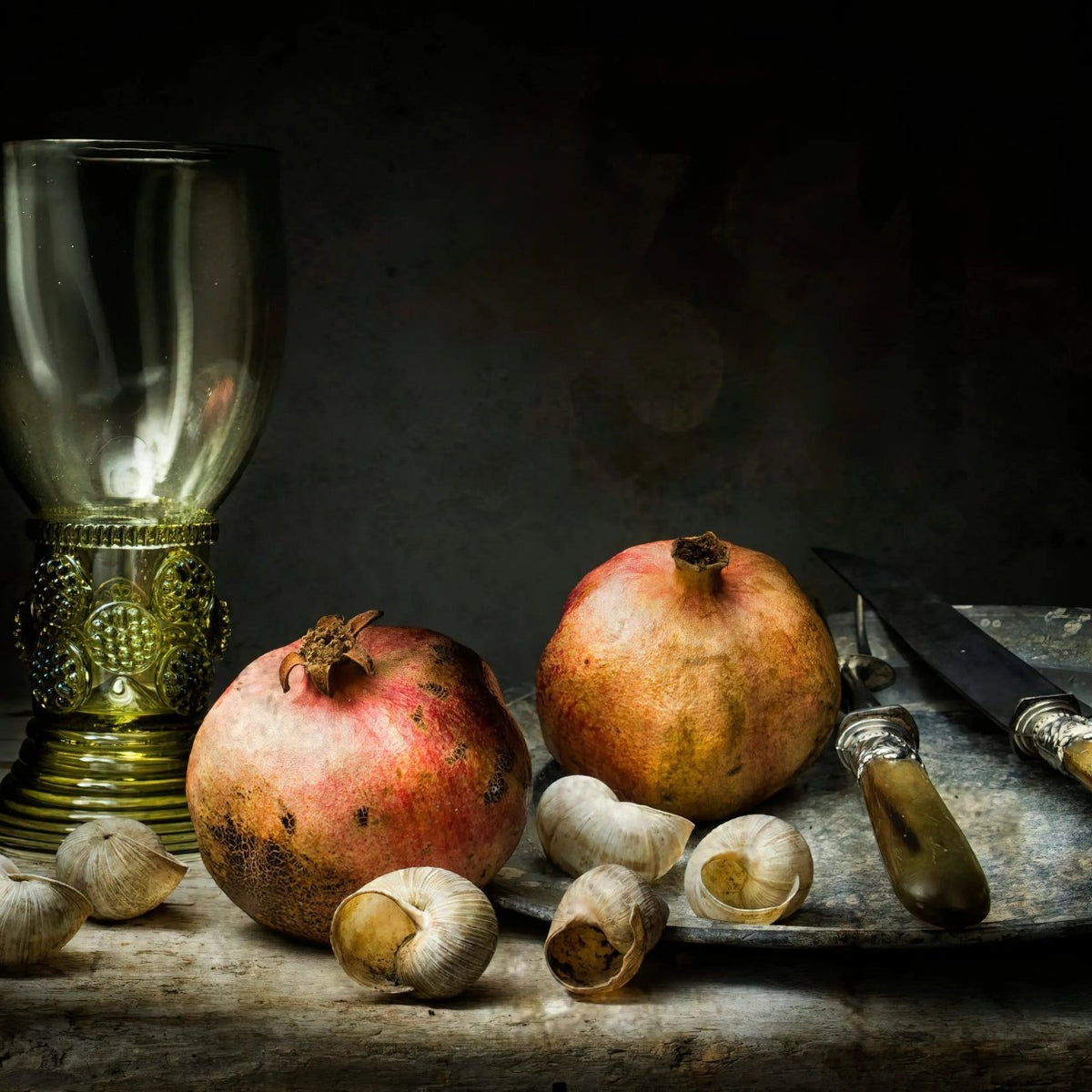 Still Life Oil Painting - Pomegranates, Shells and Glassware - Oil Painting Haven