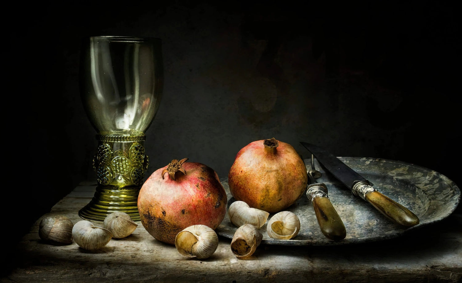 Still Life Oil Painting - Pomegranates, Shells and Glassware - Oil Painting Haven