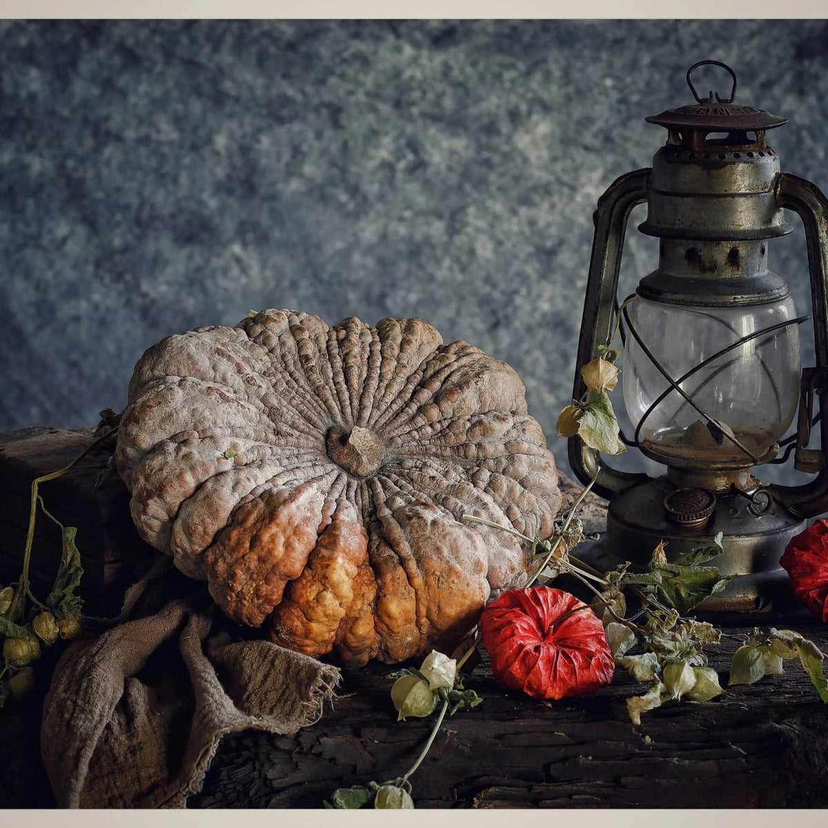 Still Life Oil Painting - Pumpkin, Vintage Lantern and Foliage - Oil Painting Haven