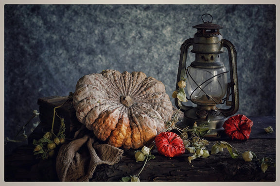 Still Life Oil Painting - Pumpkin, Vintage Lantern and Foliage - Oil Painting Haven