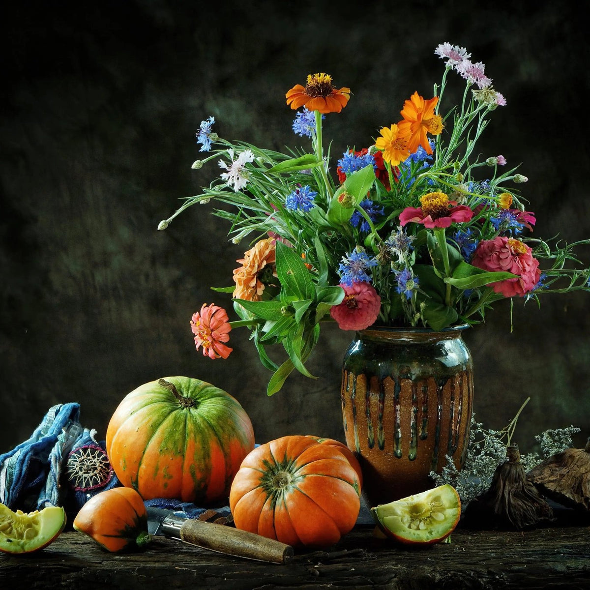 Still Life Oil Painting - Pumpkins, Flowers and Ceramic Vase - Oil Painting Haven