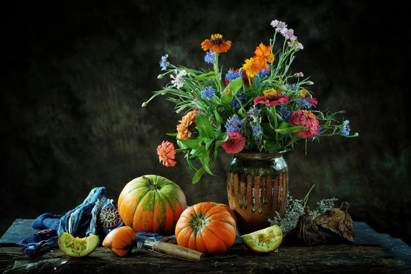 Still Life Oil Painting - Pumpkins, Flowers and Ceramic Vase - Oil Painting Haven
