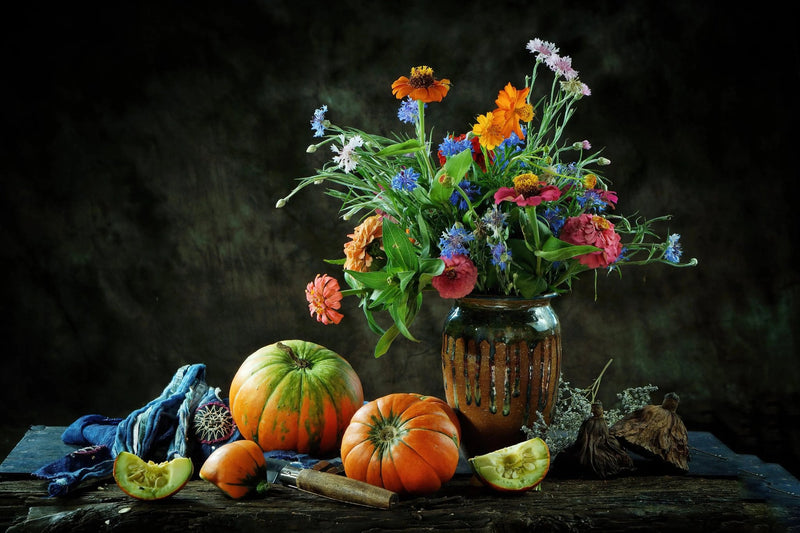 Still Life Oil Painting - Pumpkins, Flowers and Ceramic Vase - Oil Painting Haven