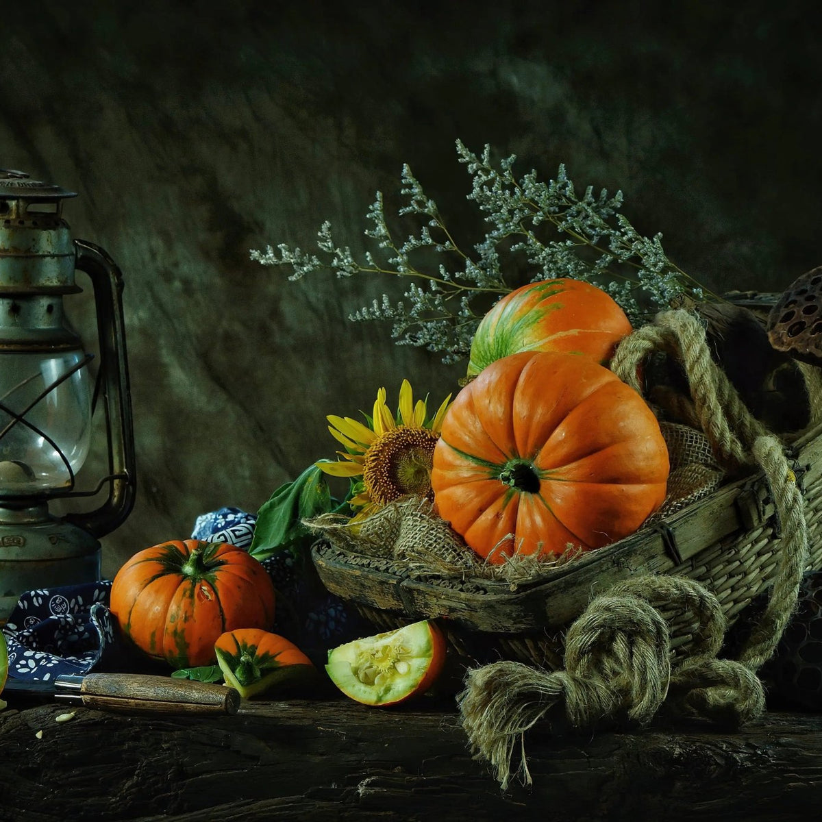 Still Life Oil Painting - Pumpkins, Sunflowers and Vintage Lantern - Oil Painting Haven