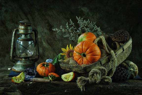 Still Life Oil Painting - Pumpkins, Sunflowers and Vintage Lantern - Oil Painting Haven