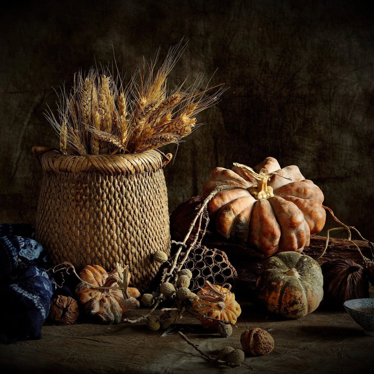 Still Life Oil Painting - Pumpkins, Wheat and Woven Basket - Oil Painting Haven