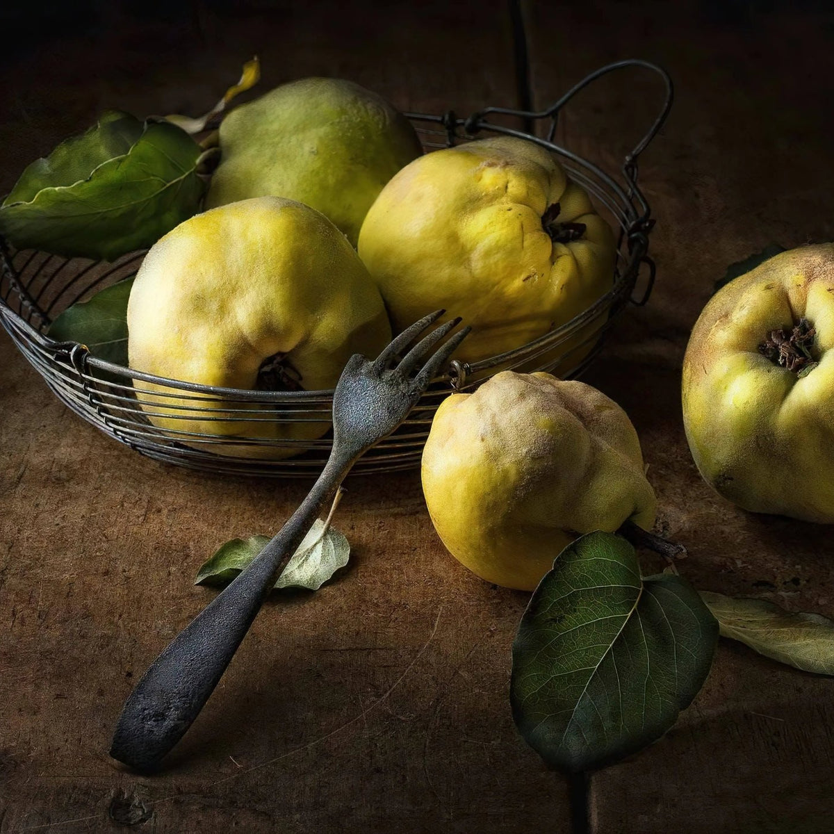 Still Life Oil Painting - Quinces and Vintage Fork - Oil Painting Haven