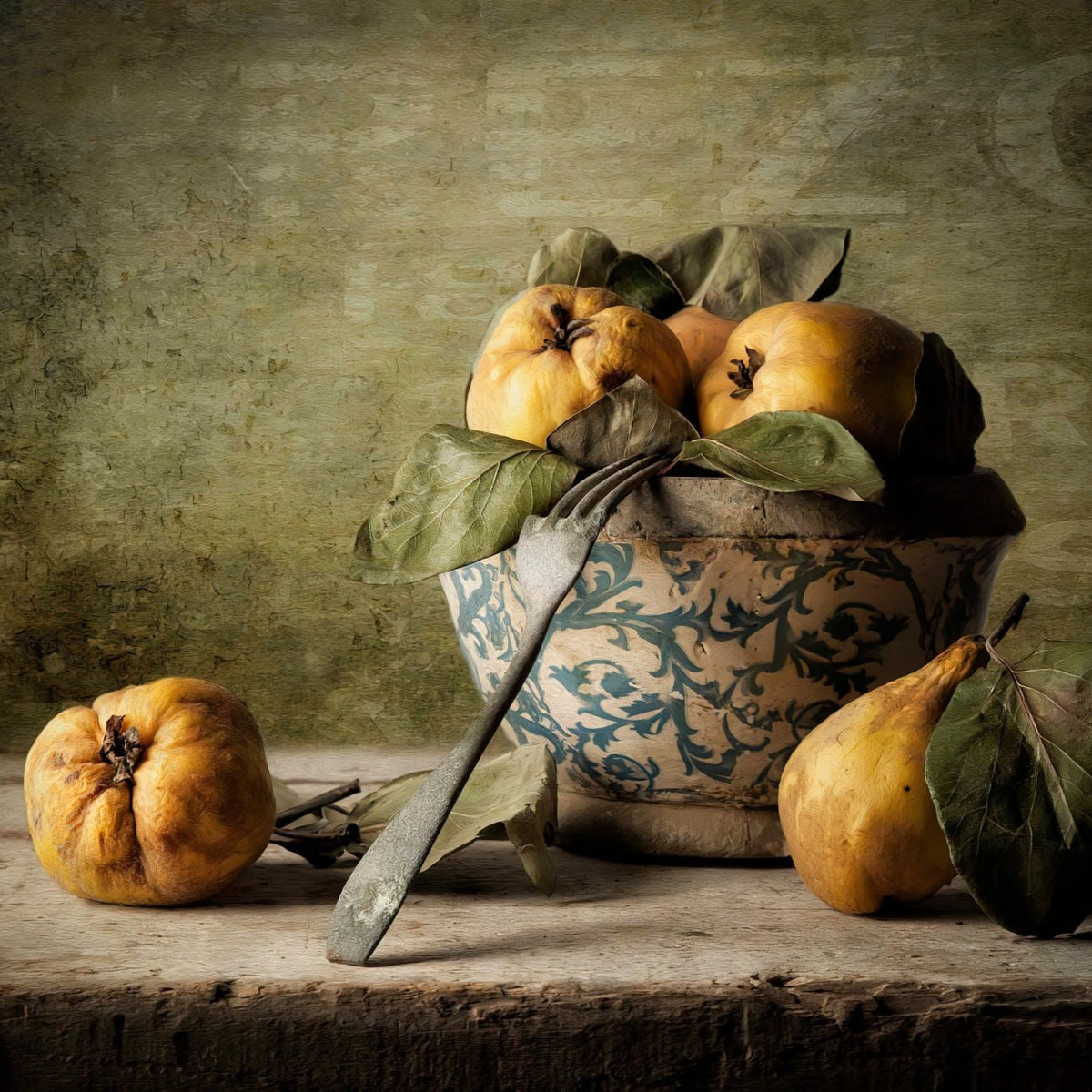 Still Life Oil Painting - Quinces, Ceramic Bowl and Vintage Fork - Oil Painting Haven