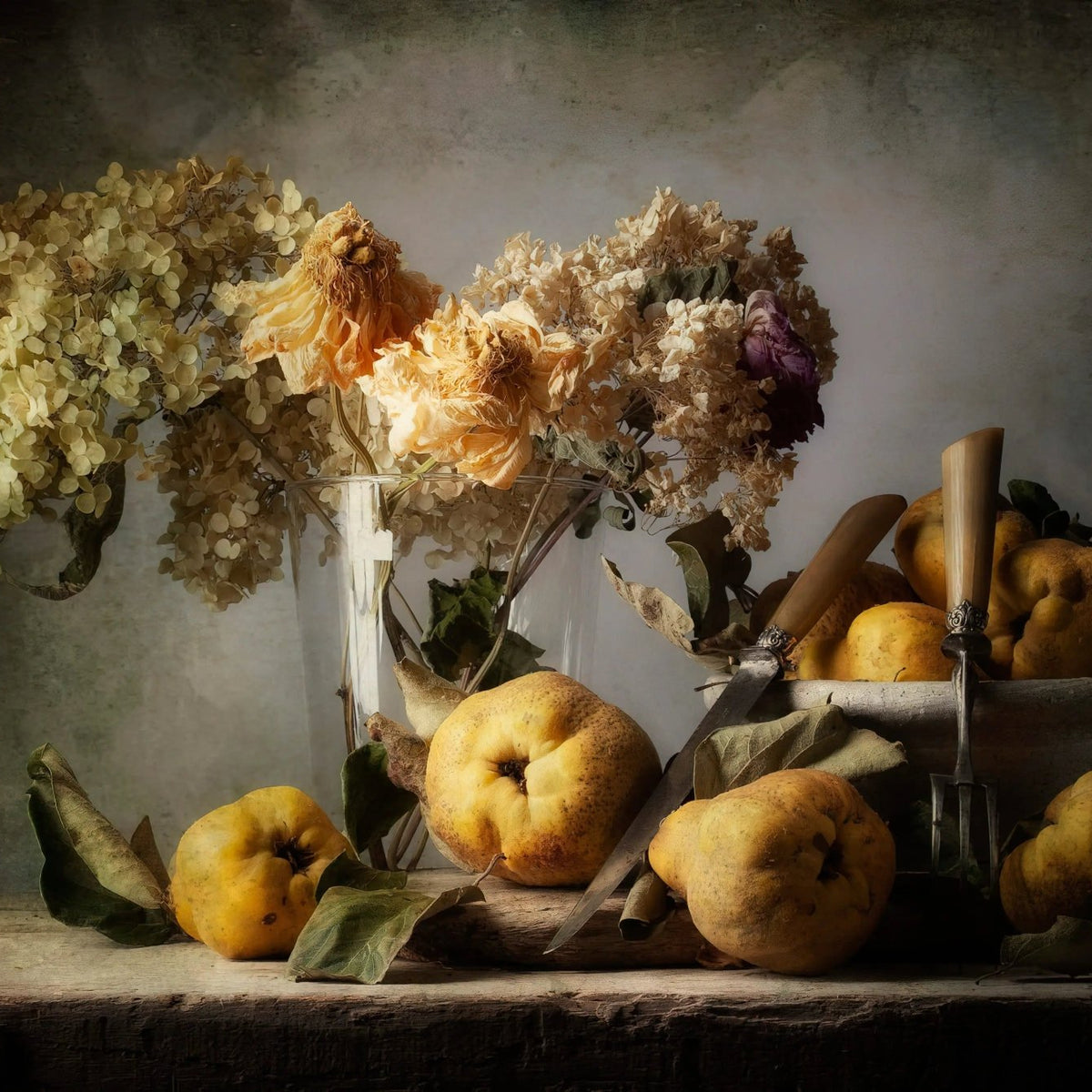 Still Life Oil Painting - Quinces, Dried Flowers and Utensils - Oil Painting Haven