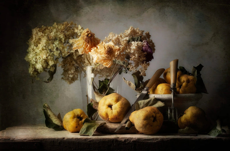 Still Life Oil Painting - Quinces, Dried Flowers and Utensils - Oil Painting Haven