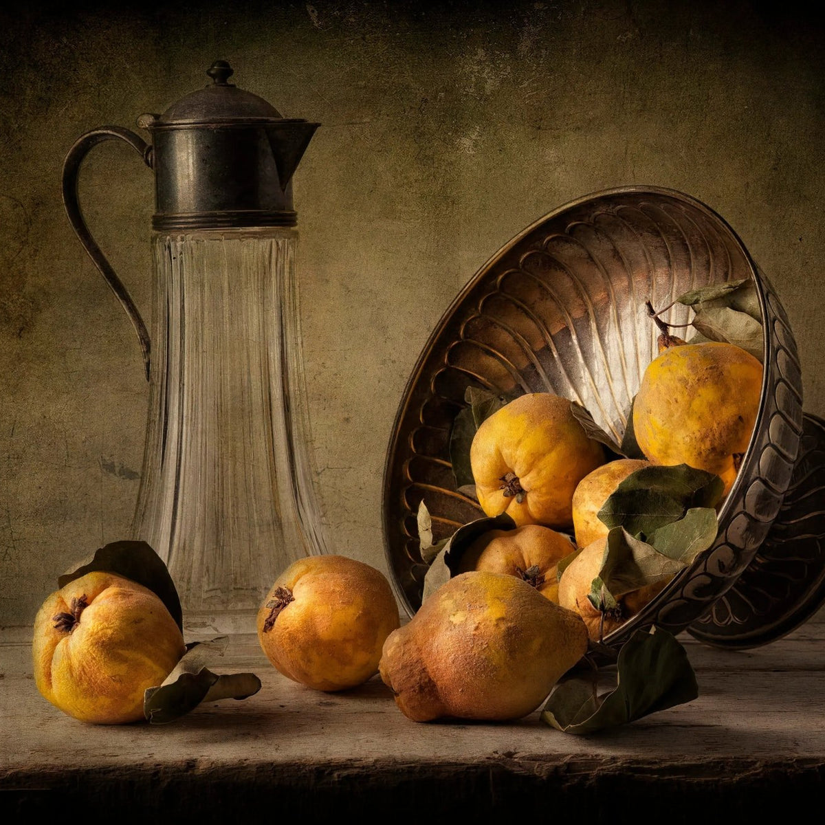 Still Life Oil Painting - Quinces, Glass Pitcher and Metal Bowl - Oil Painting Haven