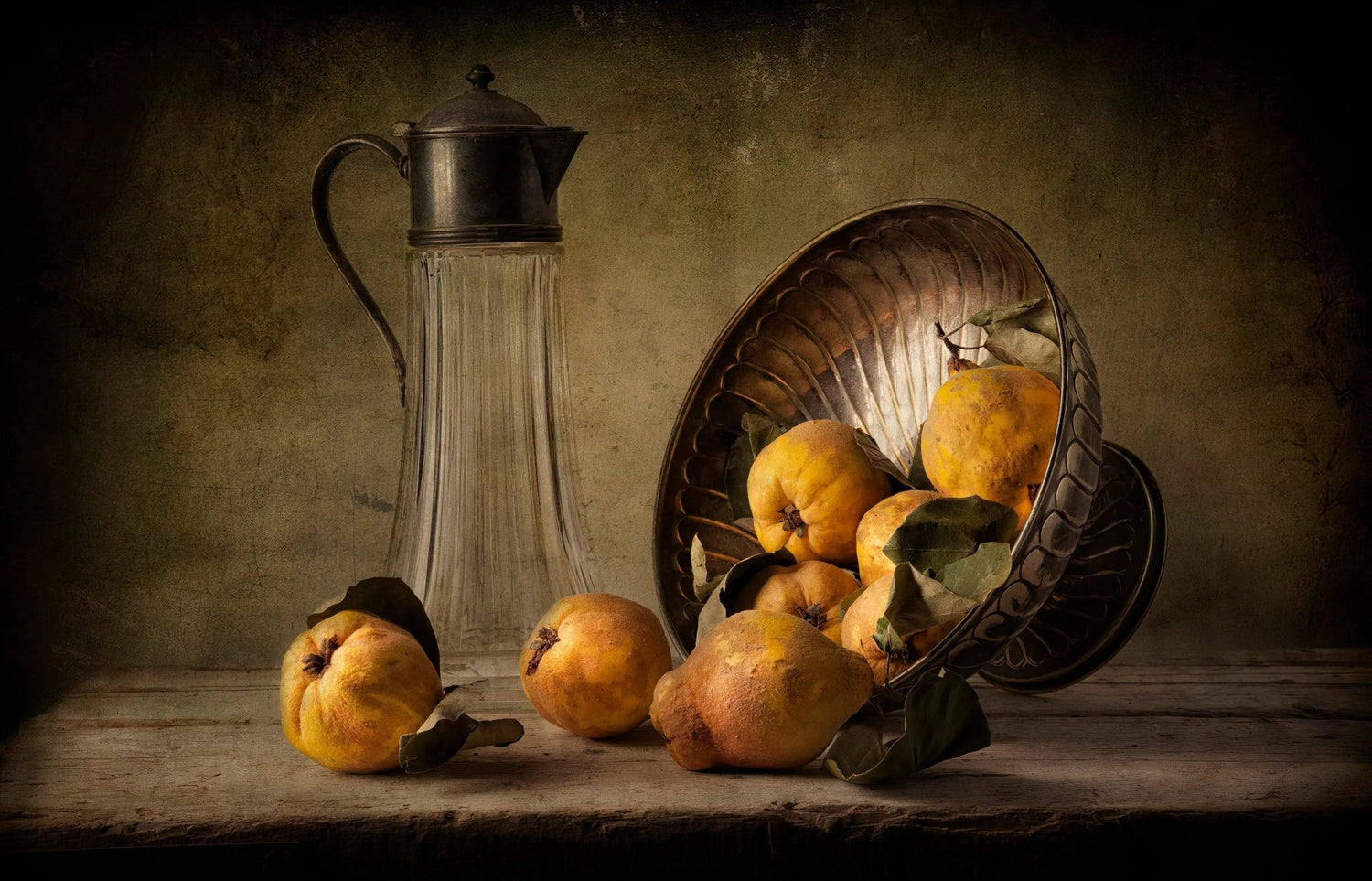 Still Life Oil Painting - Quinces, Glass Pitcher and Metal Bowl - Oil Painting Haven