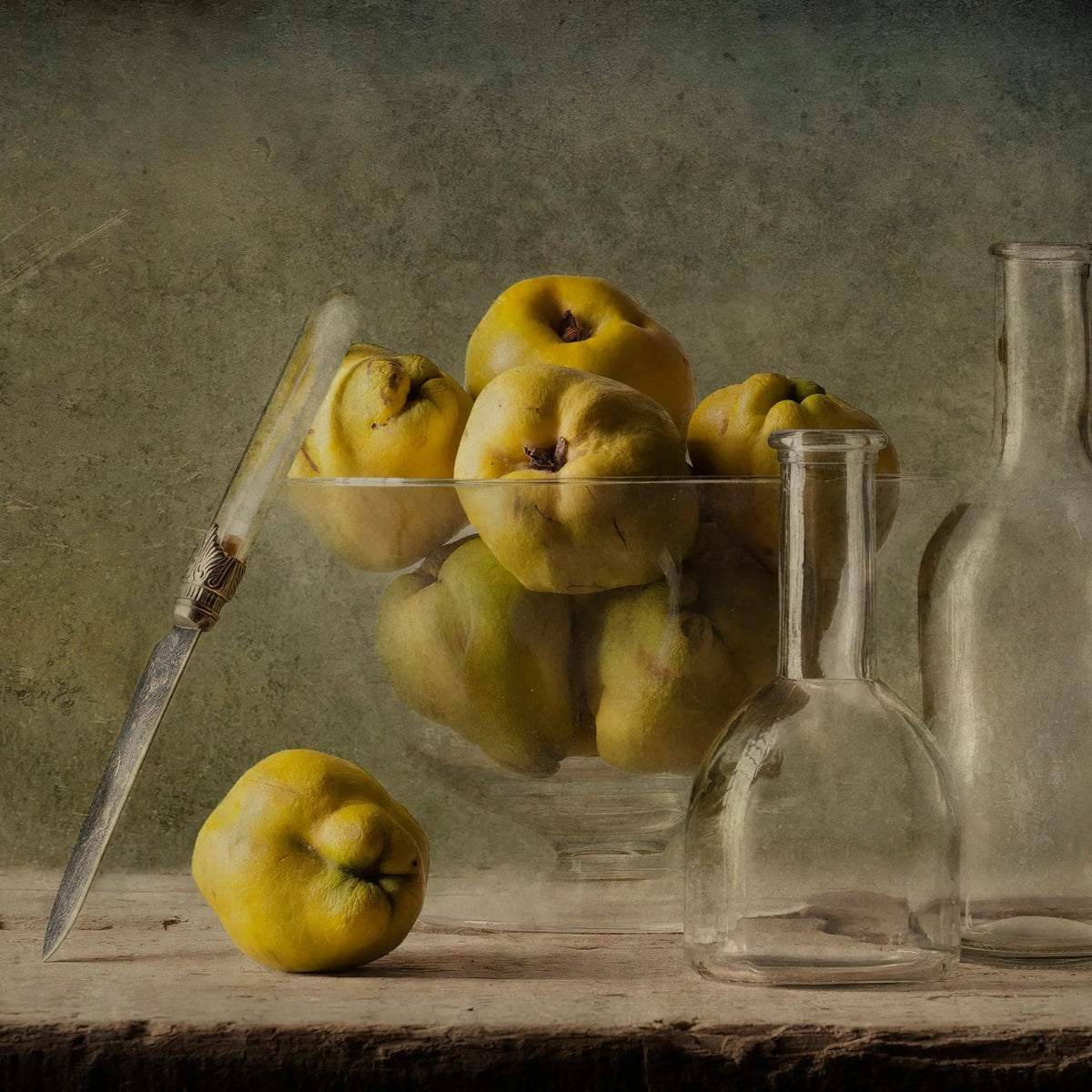 Still Life Oil Painting - Quinces, Glassware and Knife - Oil Painting Haven