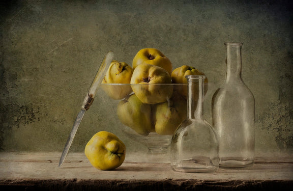 Still Life Oil Painting - Quinces, Glassware and Knife - Oil Painting Haven