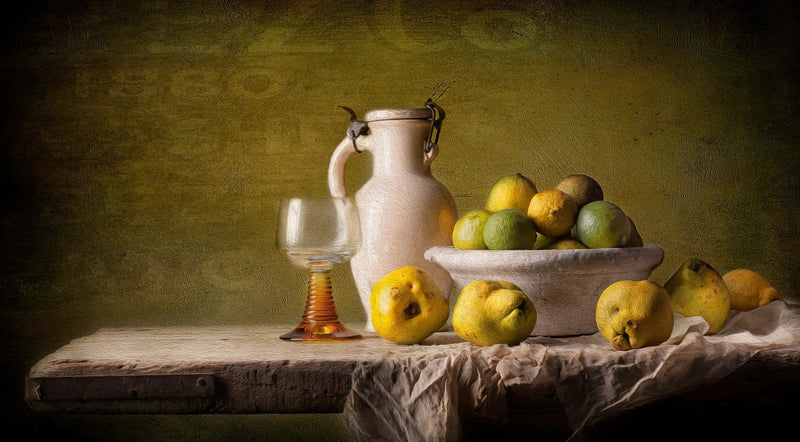 Still Life Oil Painting - Quinces, Glassware and Utensils Wall Art - Oil Painting Haven