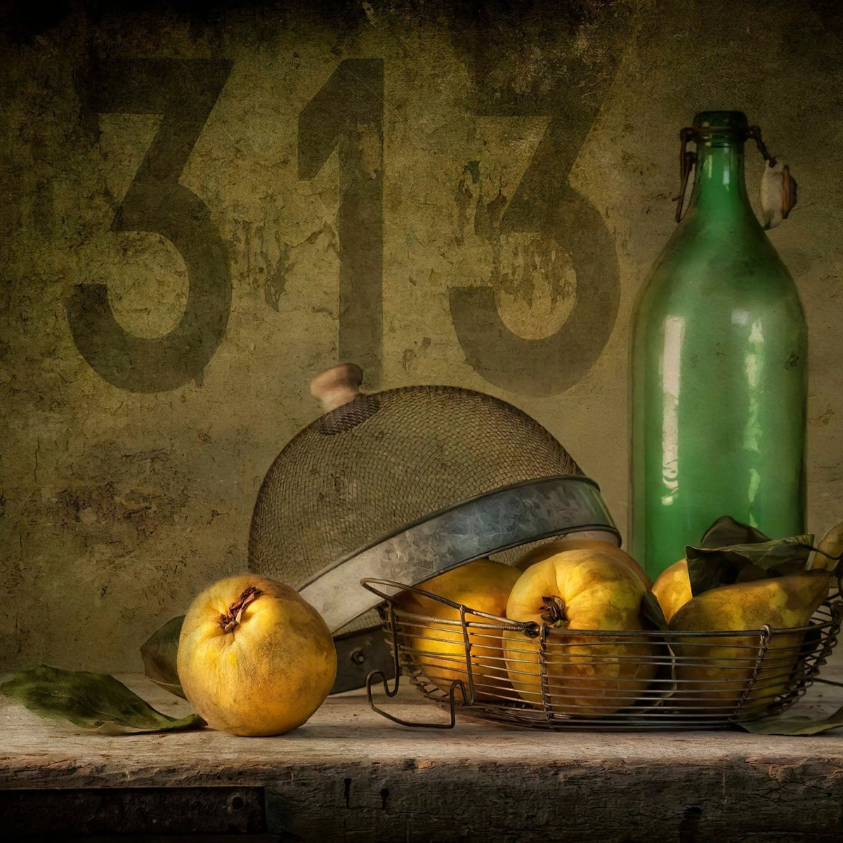 Still Life Oil Painting - Quinces, Vintage Bottle and Metalware - Oil Painting Haven