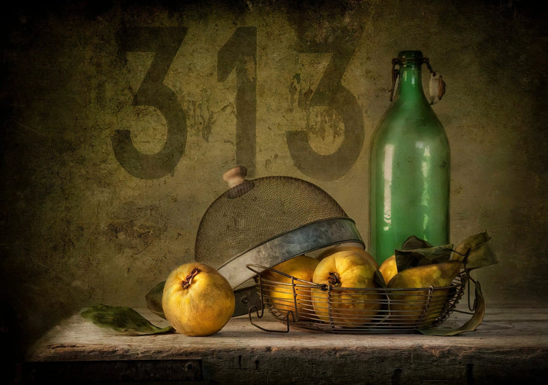 Still Life Oil Painting - Quinces, Vintage Bottle and Metalware - Oil Painting Haven