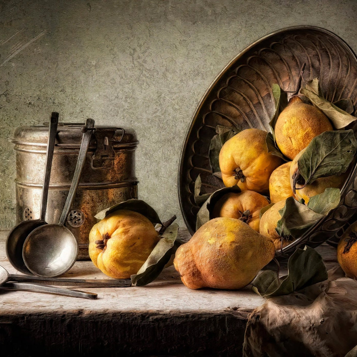 Still Life Oil Painting - Quinces, Vintage Utensils and Metalware - Oil Painting Haven