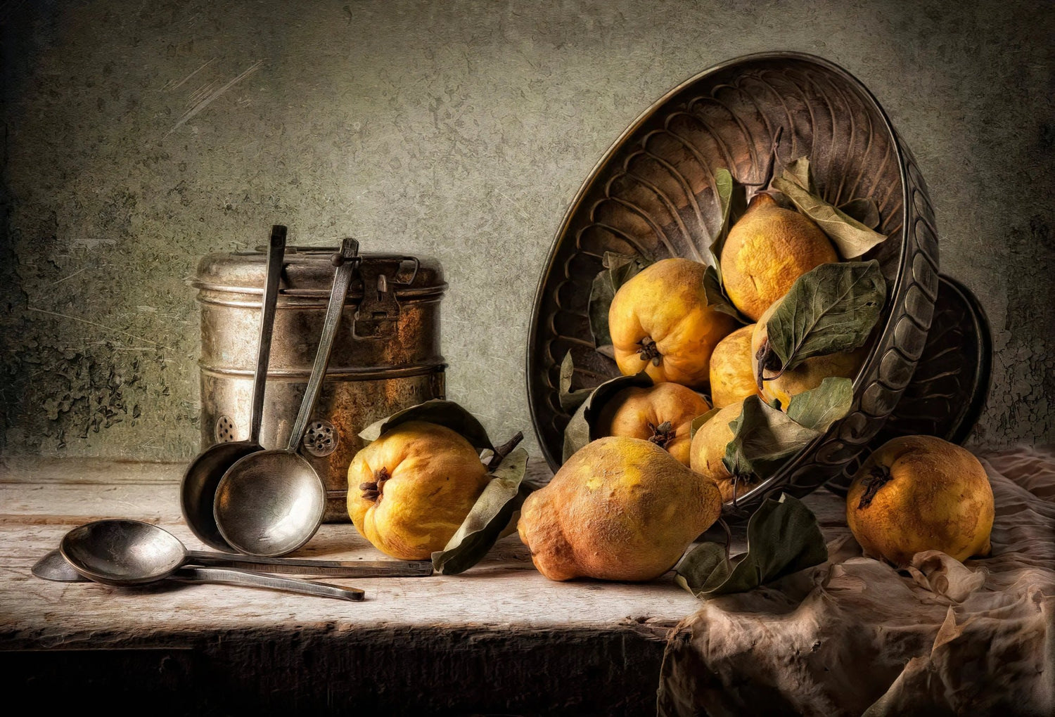 Still Life Oil Painting - Quinces, Vintage Utensils and Metalware - Oil Painting Haven