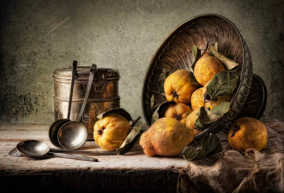 Still Life Oil Painting - Quinces, Vintage Utensils and Metalware - Oil Painting Haven