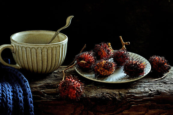 Still Life Oil Painting - Rambutan, Ceramic Cup and Plate - Oil Painting Haven