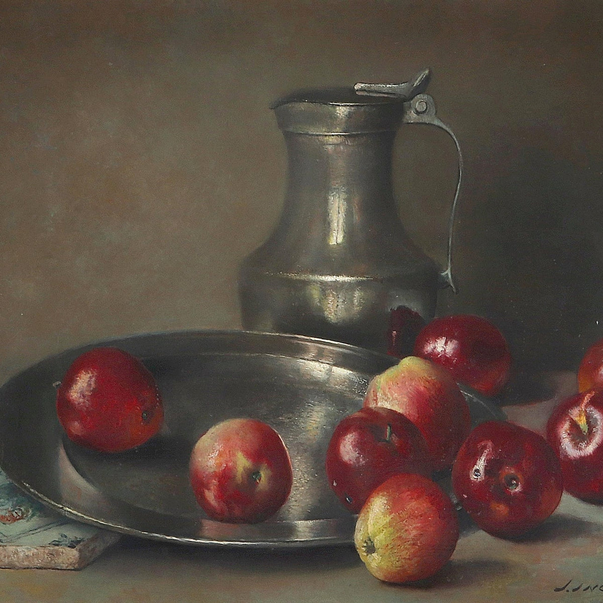 Still Life Oil Painting - Red Apples and Pewter Jug - Oil Painting Haven