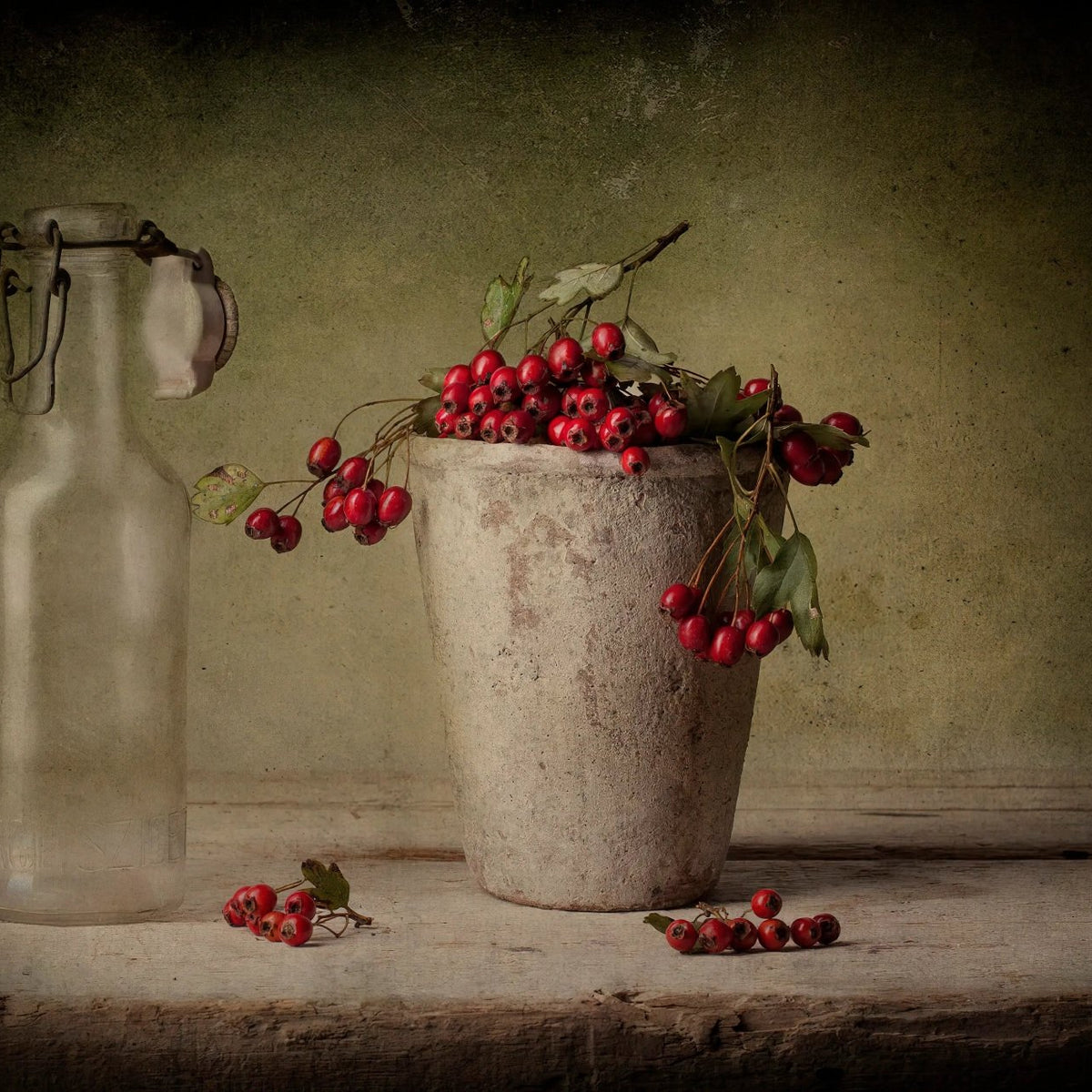 Still Life Oil Painting - Red Berries, Glass Bottle and Pot - Oil Painting Haven