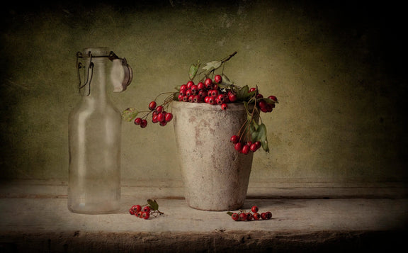 Still Life Oil Painting - Red Berries, Glass Bottle and Pot - Oil Painting Haven