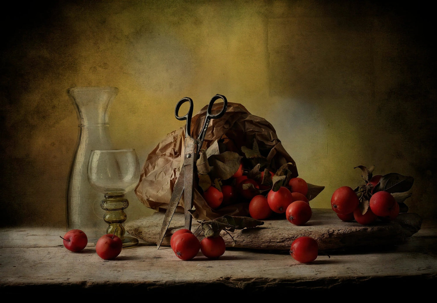 Still Life Oil Painting - Red Fruits, Scissors and Glassware - Oil Painting Haven