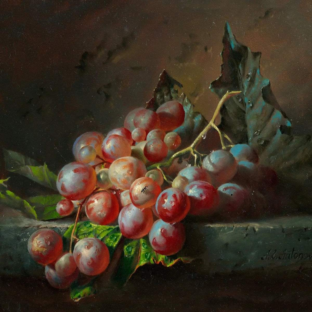Still Life Oil Painting - Red Grapes with Leaves - Oil Painting Haven