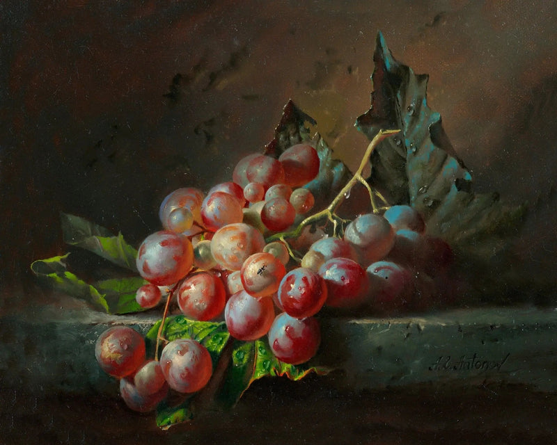 Still Life Oil Painting - Red Grapes with Leaves - Oil Painting Haven