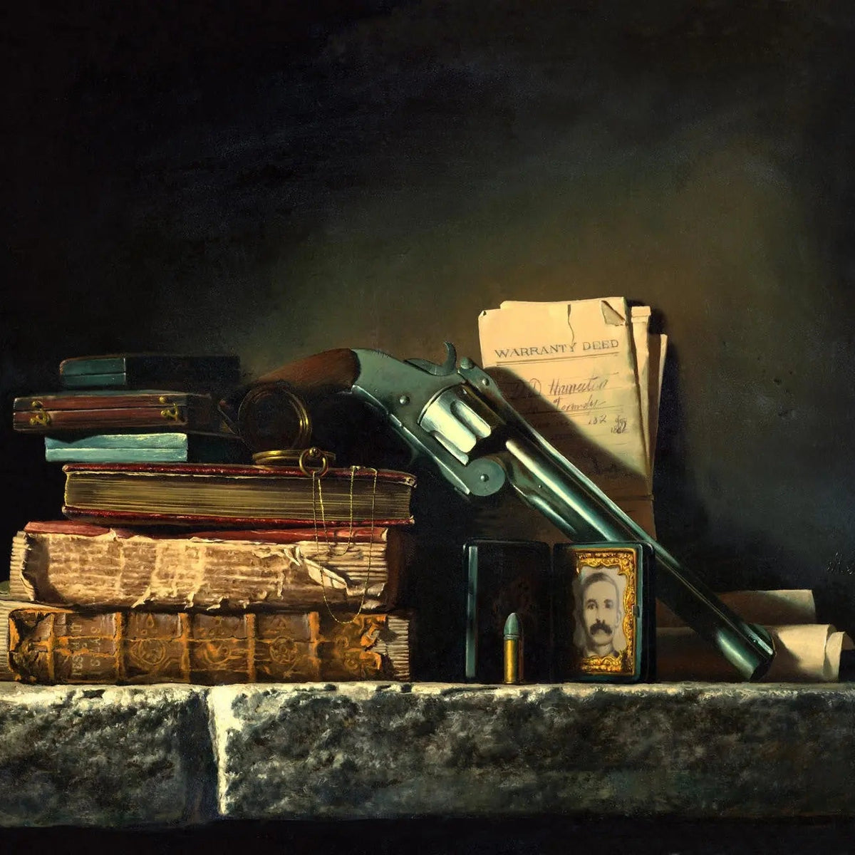Still Life Oil Painting - Revolver, Books and Documents - Oil Painting Haven