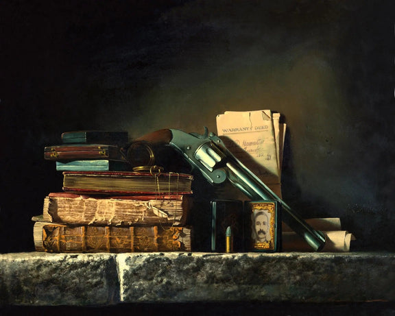 Still Life Oil Painting - Revolver, Books and Documents - Oil Painting Haven