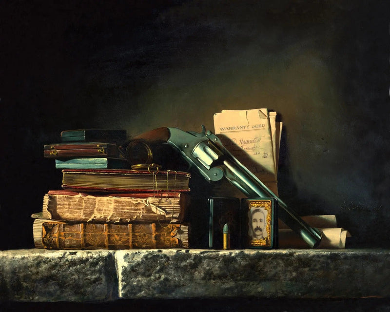 Still Life Oil Painting - Revolver, Books and Documents - Oil Painting Haven
