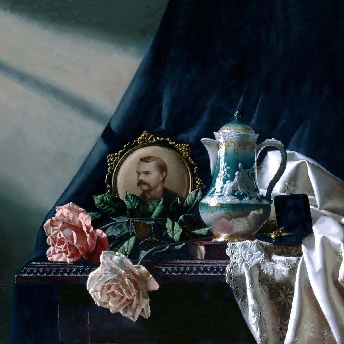 Still Life Oil Painting - Roses, Decorative Pitcher and Portrait - Oil Painting Haven