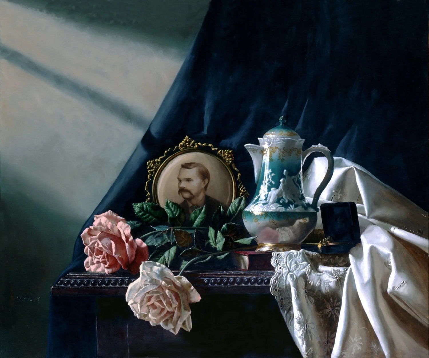 Still Life Oil Painting - Roses, Decorative Pitcher and Portrait - Oil Painting Haven