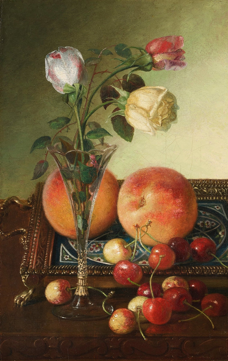 Still Life Oil Painting - Roses, Peaches and Cherries - Oil Painting Haven
