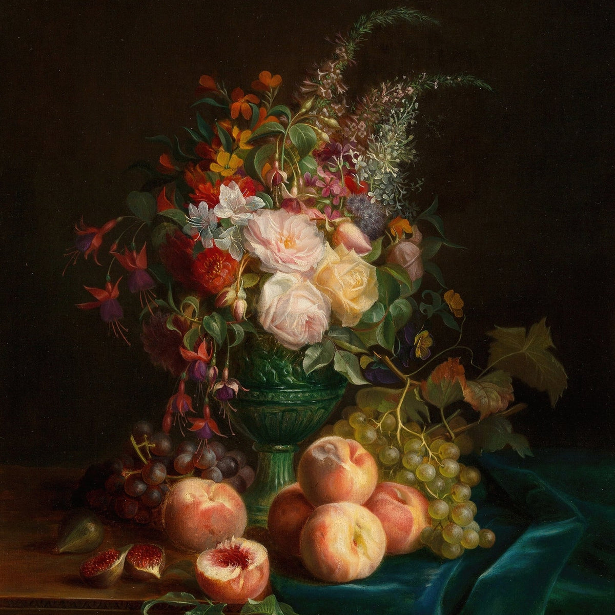 Still Life Oil Painting - Roses, Peaches and Grapes - Oil Painting Haven