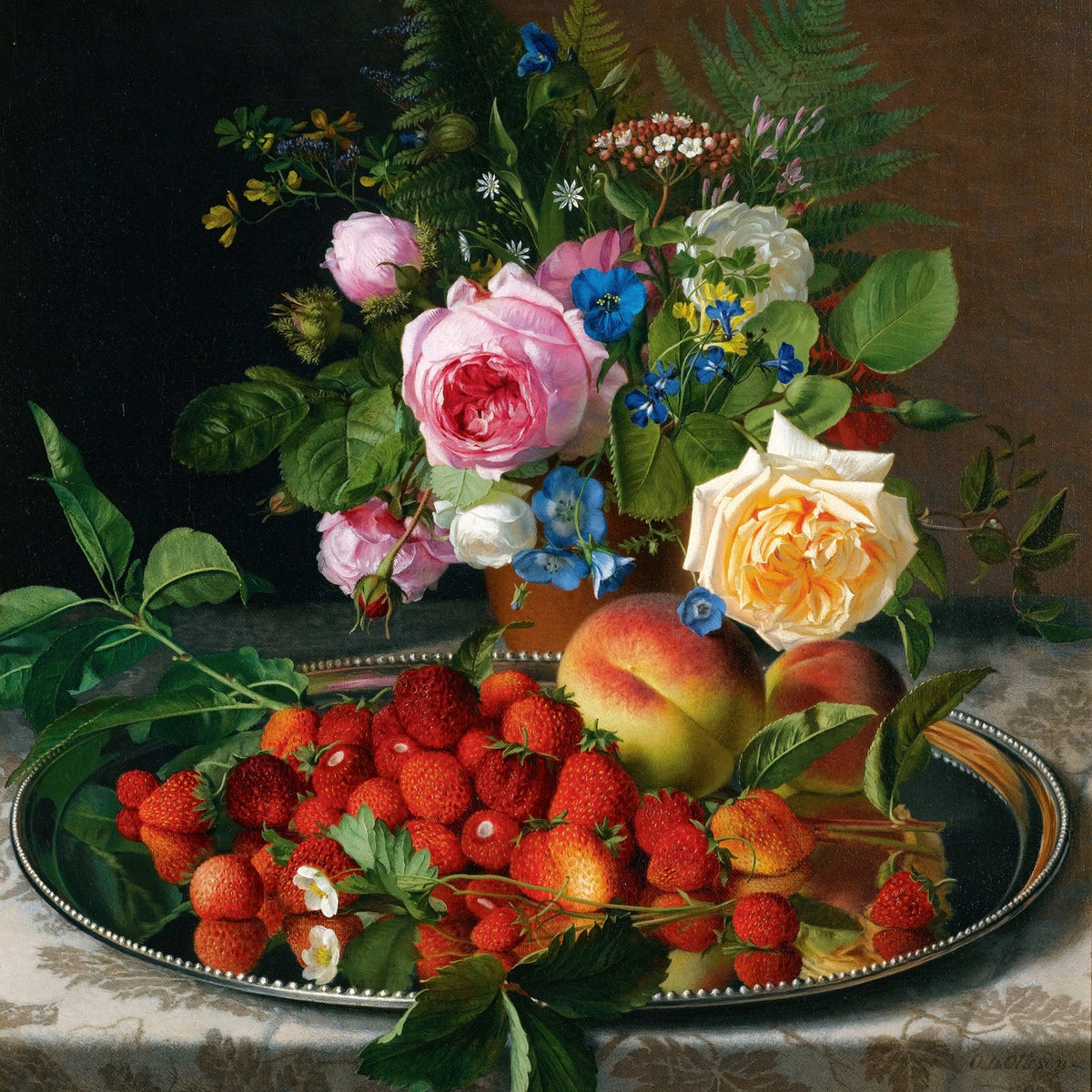 Still Life Oil Painting - Roses, Strawberries and Peaches - Oil Painting Haven