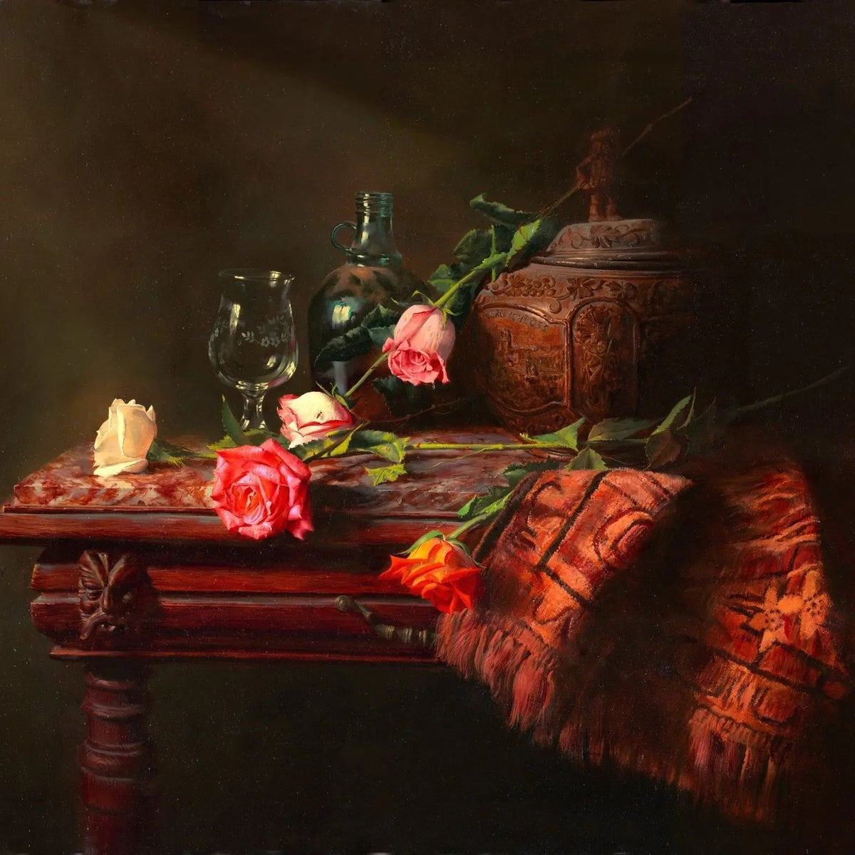Still Life Oil Painting - Roses, Vase and Glassware - Oil Painting Haven