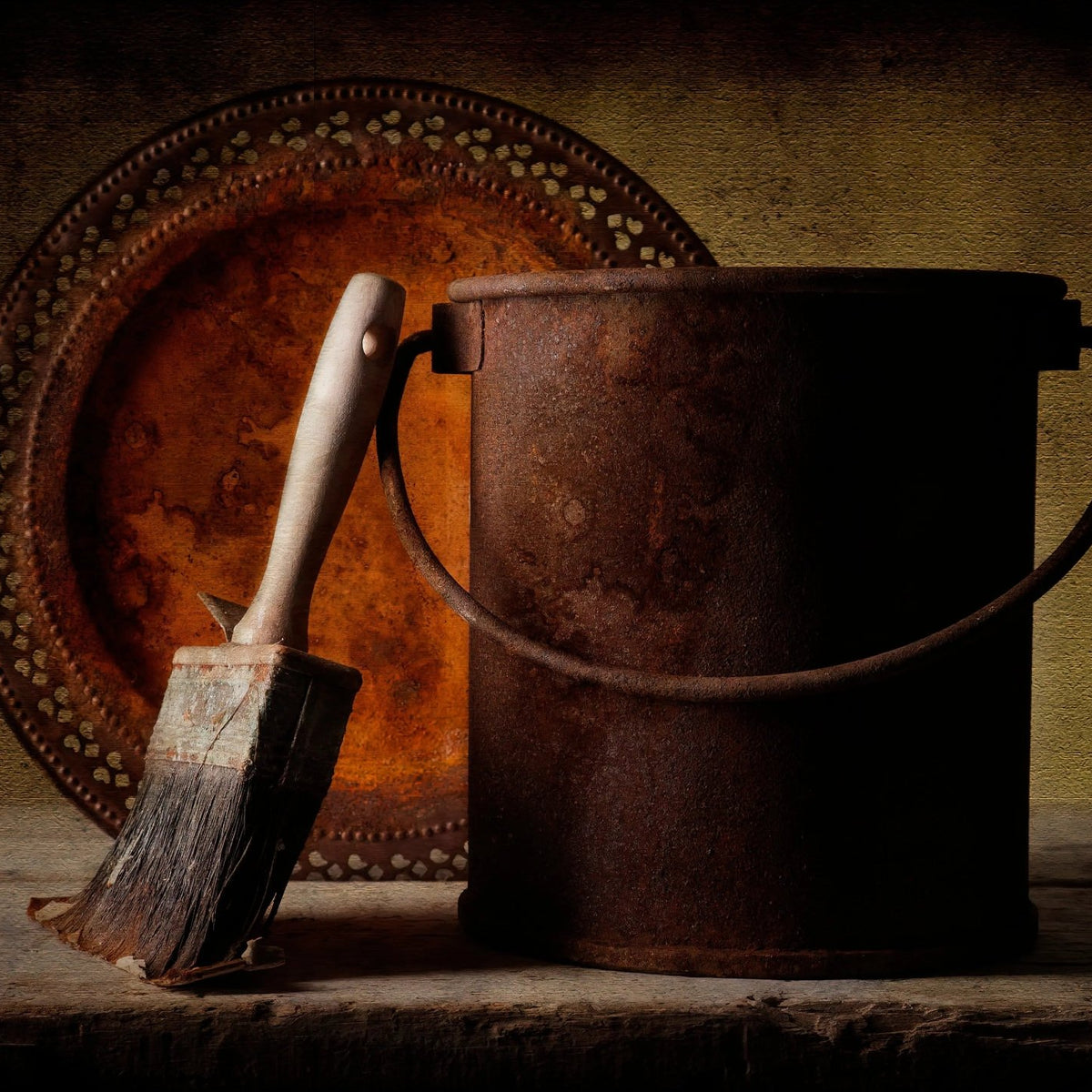 Still Life Oil Painting - Rustic Metalware and Vintage Brush - Oil Painting Haven