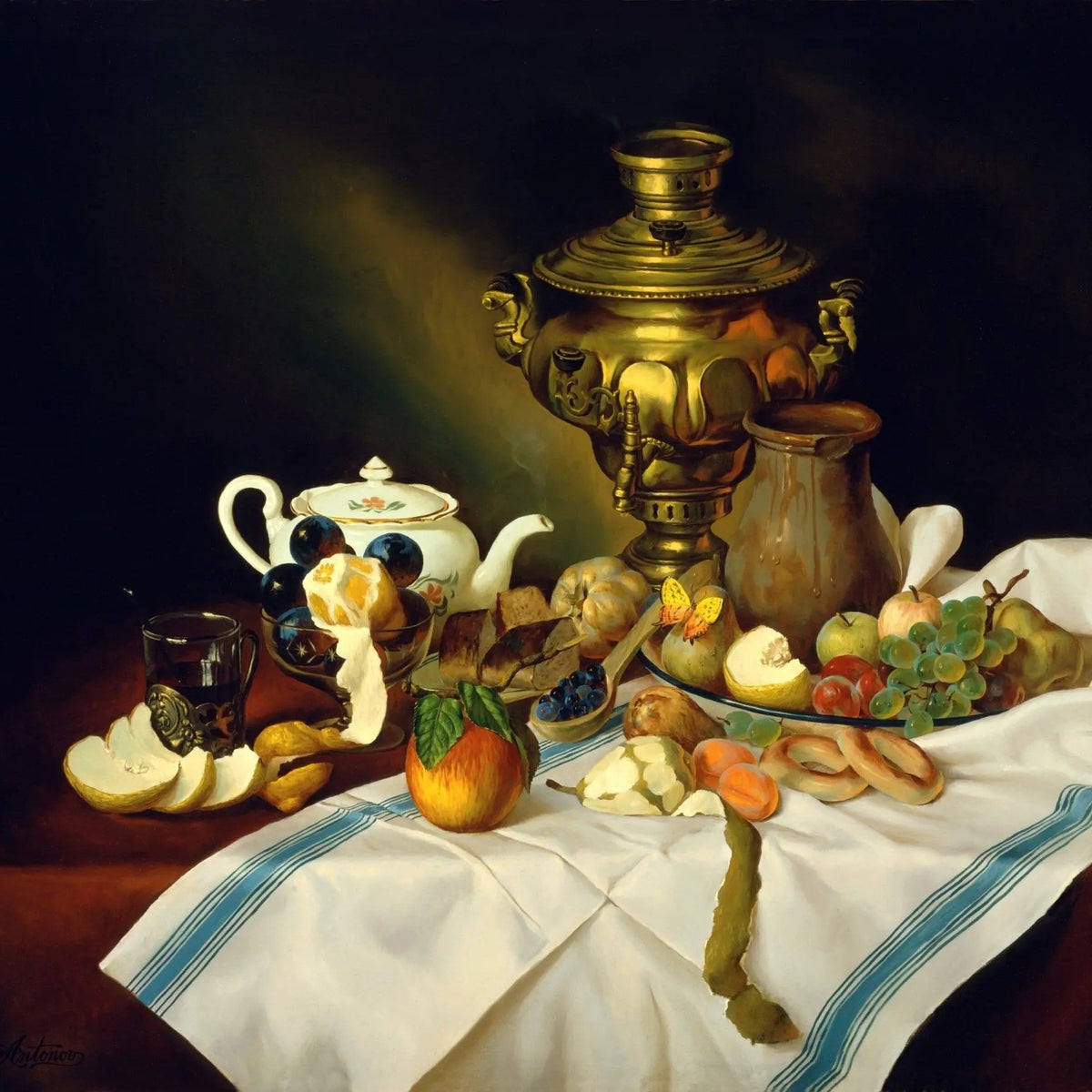 Still Life Oil Painting - Samovar, Fruits and Teaware - Oil Painting Haven