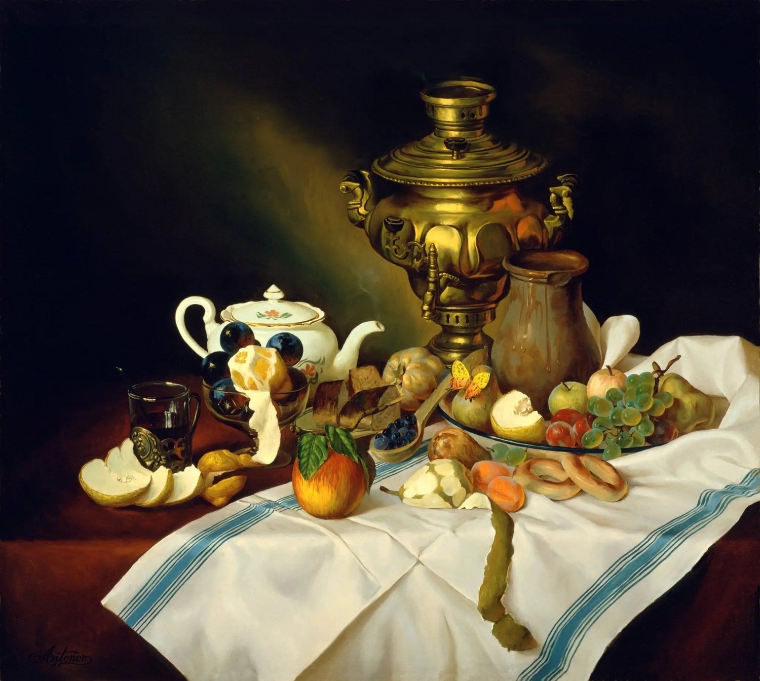 Still Life Oil Painting - Samovar, Fruits and Teaware - Oil Painting Haven