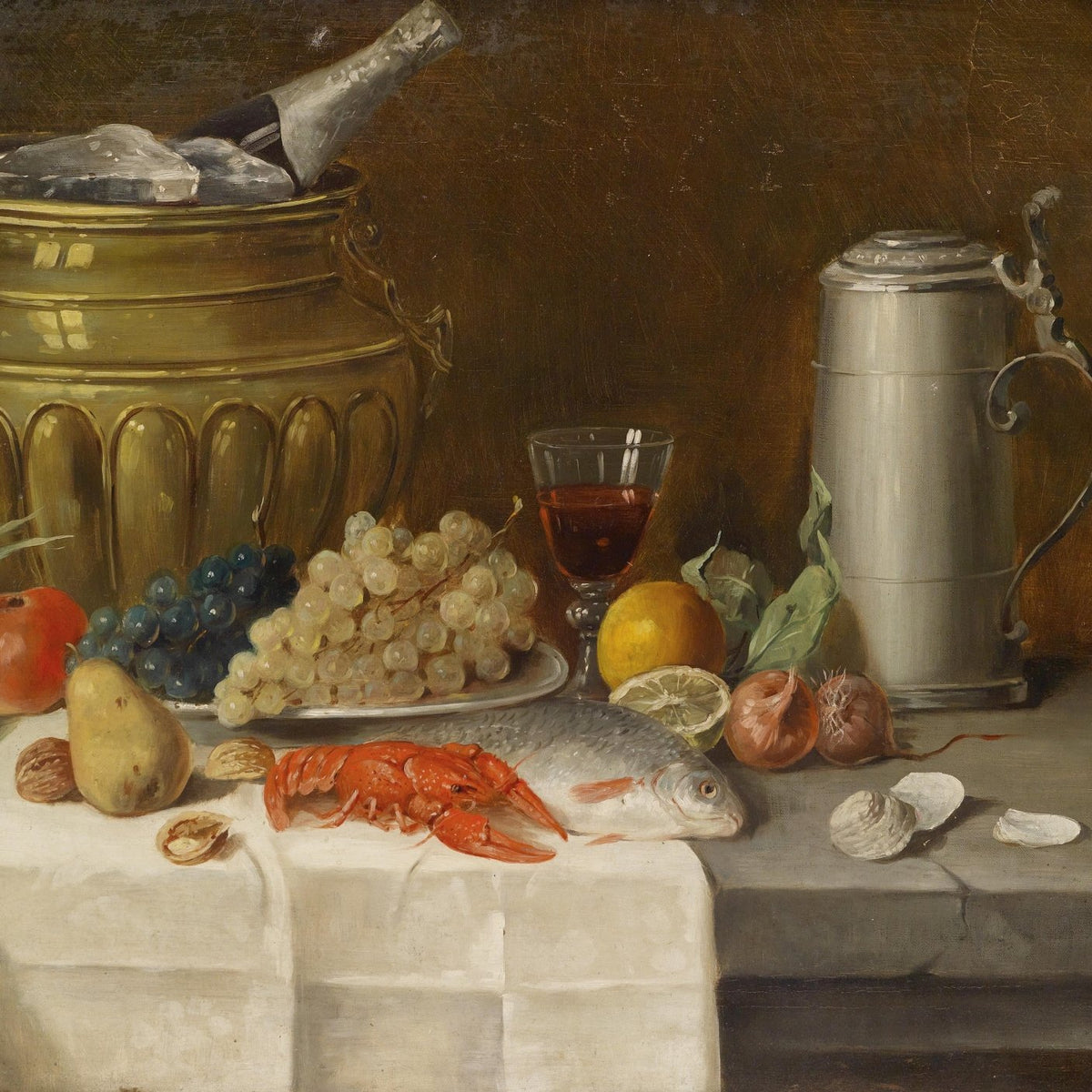 Still Life Oil Painting - Seafood, Grapes and Wine - Oil Painting Haven