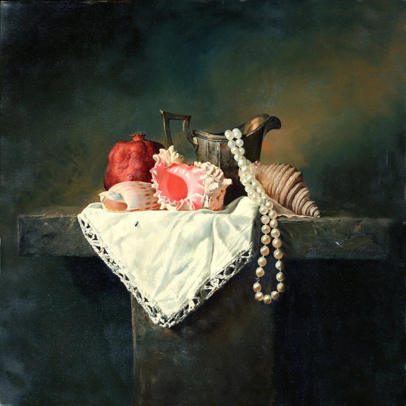 Still Life Oil Painting - Seashells, Pearls and Pomegranate - Oil Painting Haven
